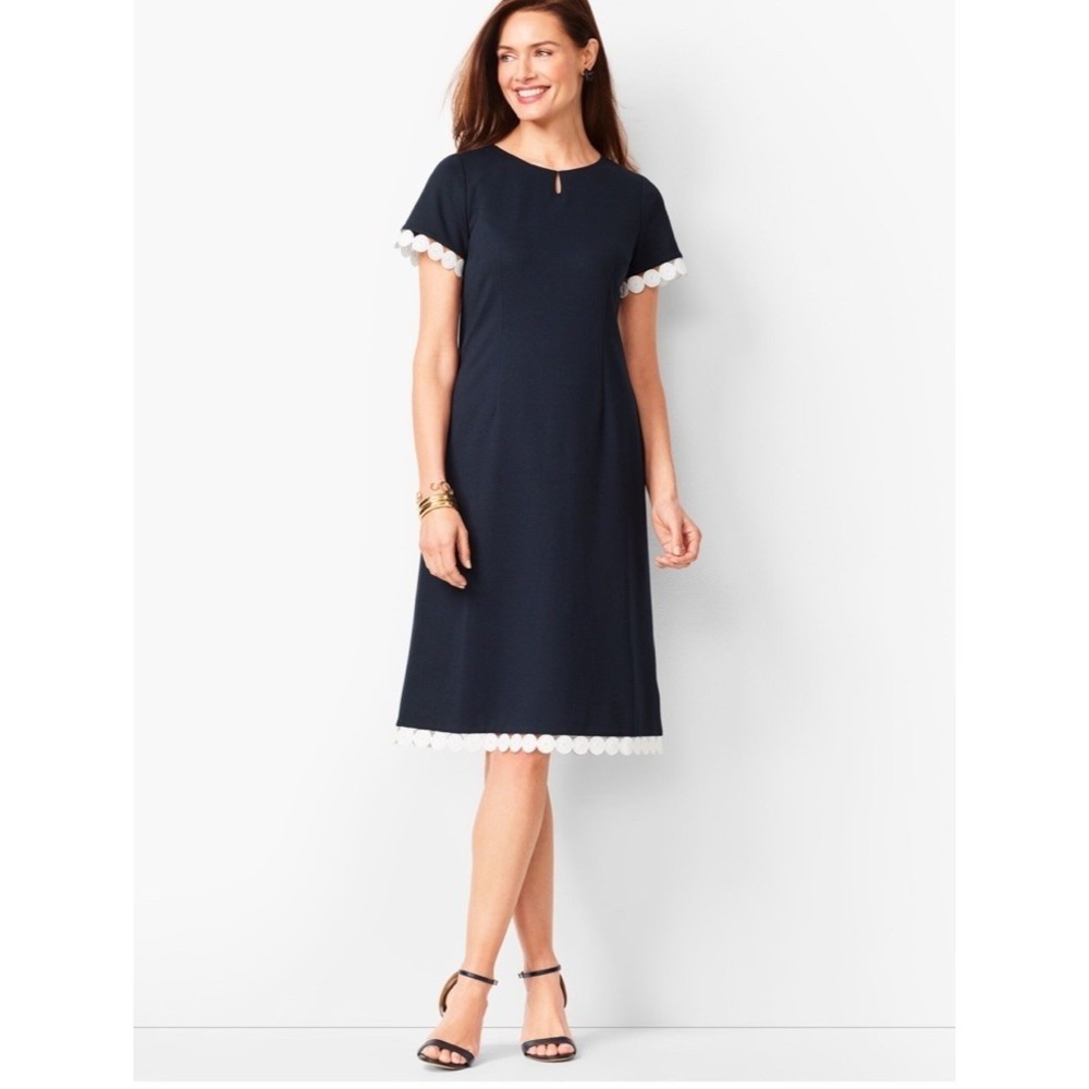 Talbots Ponte Dress Womens 16 Navy A Line Sheath Lace Trim Career Classic